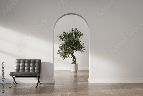Empty white wall with arched entry and furniture decoration. 3d rendering of showroom interior.