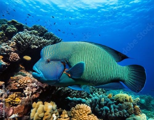 Fototapeta Naklejka Na Ścianę i Meble -  Majestic Humphead Wrasse: A vibrant humphead wrasse swims gracefully amidst a coral reef teeming with life. Its distinctive hump and large lips stand out against the azure blue water.