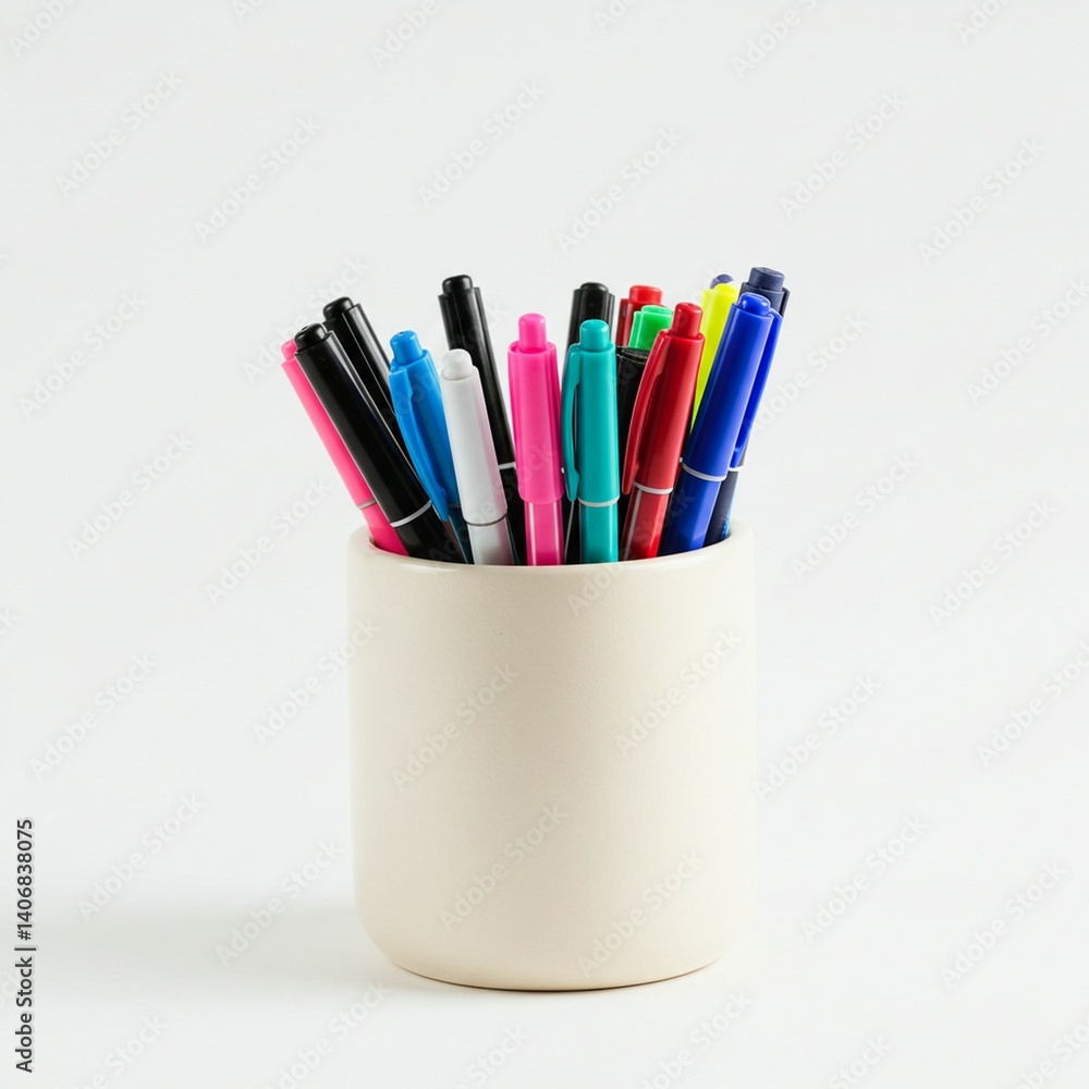 Fototapeta premium Colorful Pens in a Cream-Colored Pen Holder