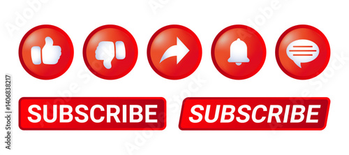 Social Media Button Set with Subscribe, Like, Dislike, Share, Comment, and Notification Icons – Red Gradient UI Elements Vector Illustration