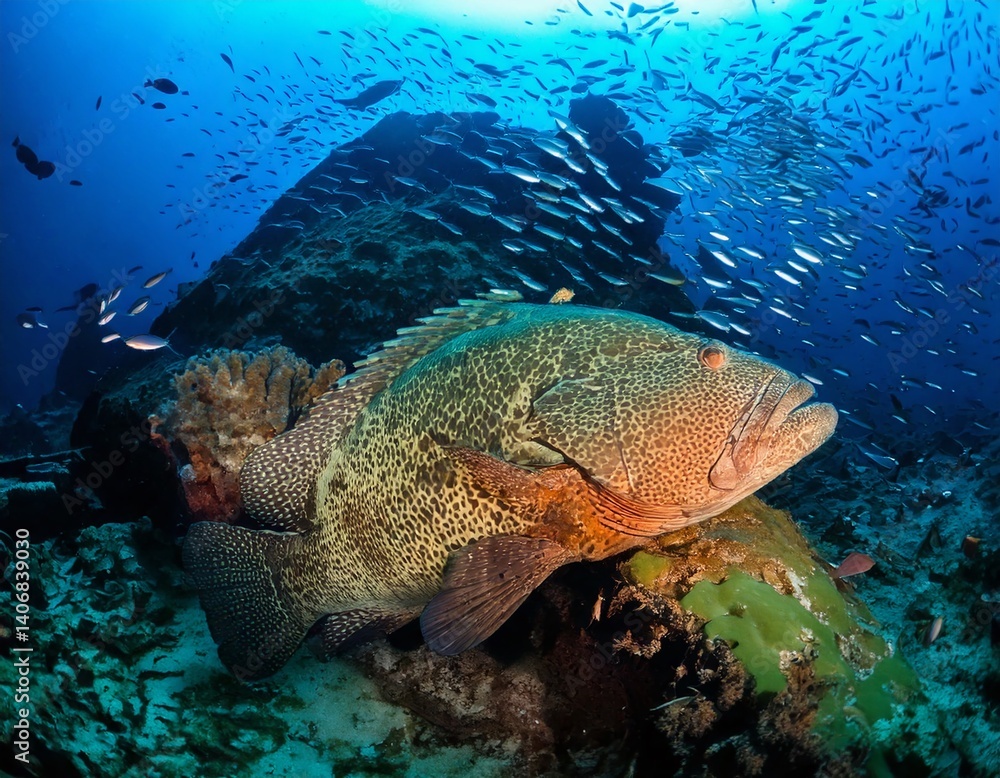 Naklejka premium Ocean Sentinel: A solitary, majestic grouper rests serenely amidst a vibrant coral reef, its presence a symbol of the ocean's hidden wonders, captured with stunning detail.