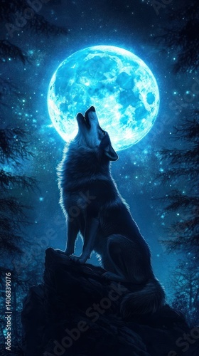 Wallpaper Mural A majestic wolf howls at a vibrant blue moon. Torontodigital.ca
