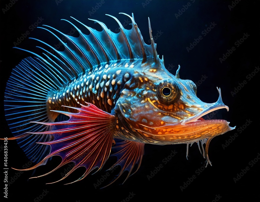 Fototapeta premium Colorful Spiny Fish: A vibrantly colored spiny fish, featuring bold orange, blue, and purple hues, swims gracefully in a darkened environment.