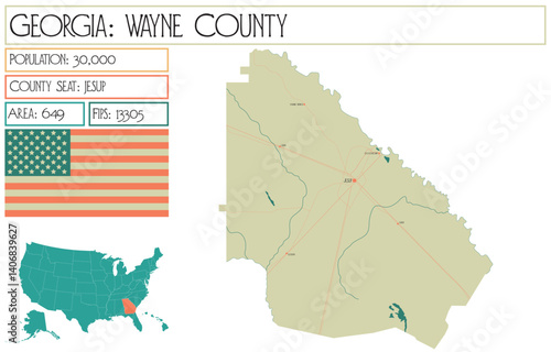 Large and detailed map of Wayne County in Georgia USA.