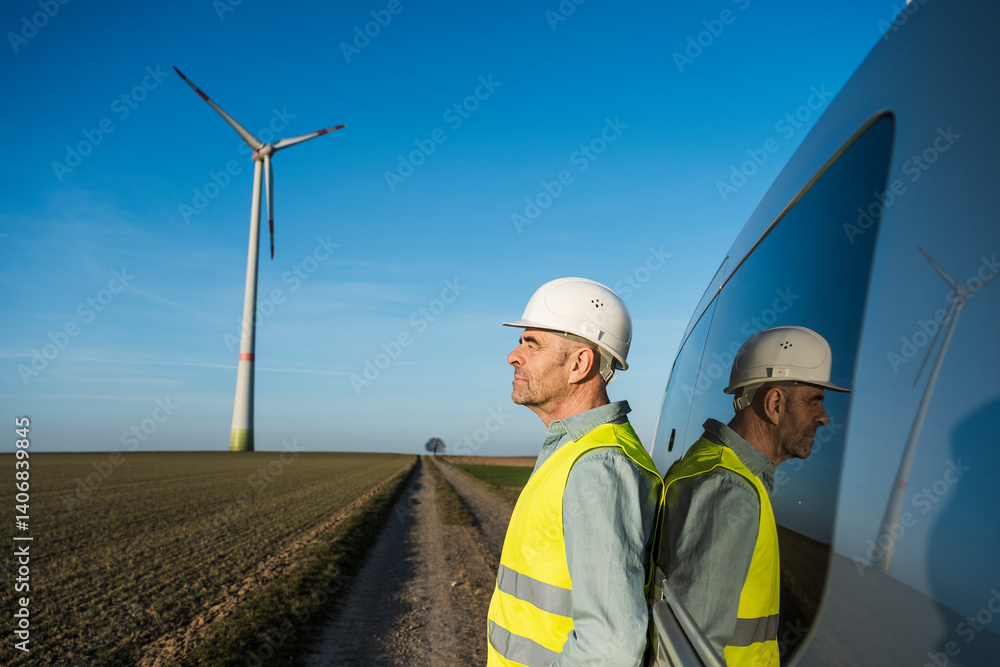 Engineer in safety gear standing by a car window with a wind turbine in the background Engineer in safety gear standing by a car window with a wind turbine in the background