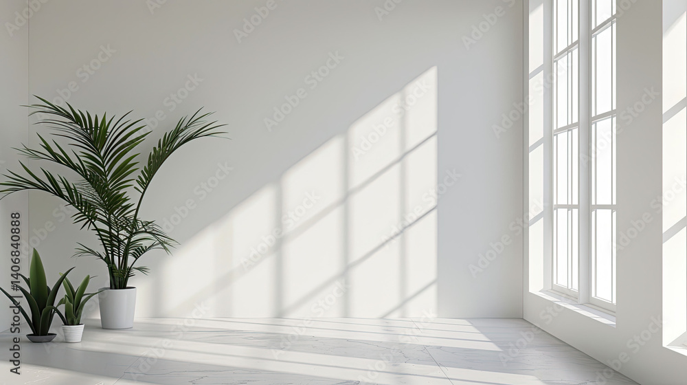A pristine, minimalist white room, highlighted by natural light and tropical plants, showcasing a modern interior design aesthetic. A pristine, minimalist white room, highlighted by natural light and tropical plants, showcasing a modern interior design aesthetic.