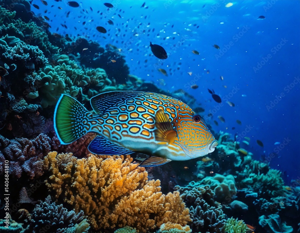 Fototapeta premium Wahoo Fish in Coral Reef: A vibrant Wahoo fish, with its striking yellow, blue, and green scales, swims amidst a colorful coral reef teeming with smaller fish.