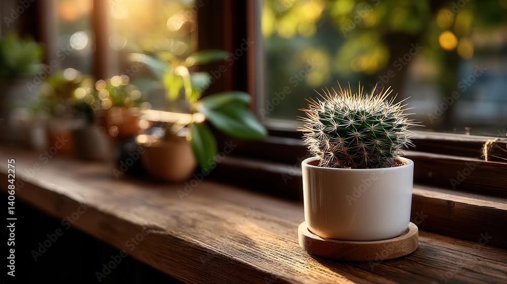 Fototapeta premium Peaceful cactus plant displayed on wooden windowsill in warm home