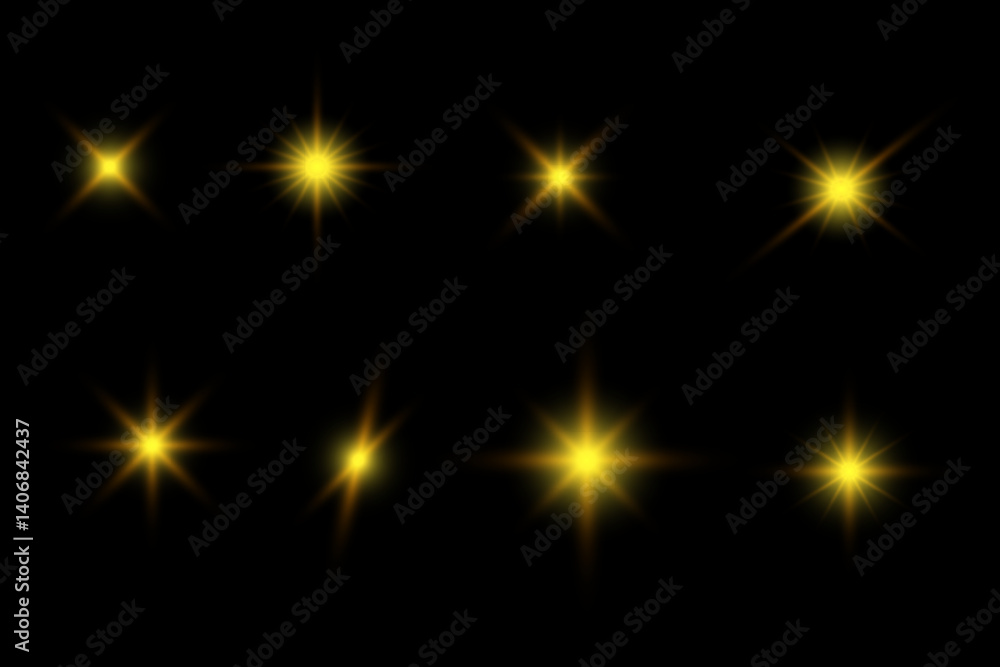 Illustration of yellow sparkling stars on a black background. For cosmic, magical, or festive designs, posters, invitations, or digital art. Sparkling stars, flickering and flashing lights effect.