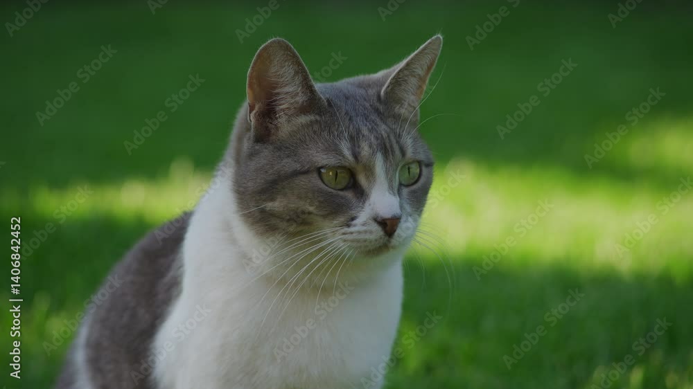 Close-Up of Cat Sitting on Green Grass Close-Up of Cat Sitting on Green Grass