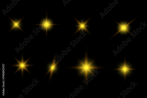 Obraz na płótnie Illustration of yellow sparkling stars on a black background. For cosmic, magical, or festive designs, posters, invitations, or digital art. Sparkling stars, flickering and flashing lights effect. w salonie