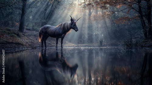 Wallpaper Mural Majestic unicorn standing in misty forest reflections enchanted nature scene dreamlike atmosphere serene viewpoint Torontodigital.ca