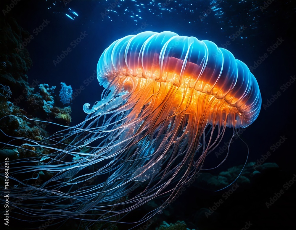 Fototapeta premium Underwater Luminescence: A captivating jellyfish glows amidst a dark ocean scene, its delicate form illuminated by an ethereal light that paints the aquatic world.