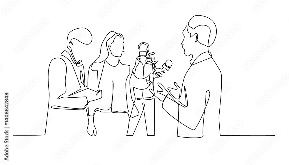 Continuous Line Drawing of Interview, Journalist Talking with People, Isolated on White Continuous Line Drawing of Interview, Journalist Talking with People, Isolated on White