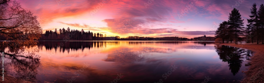 Fototapeta premium Serene sunset over a tranquil lake.