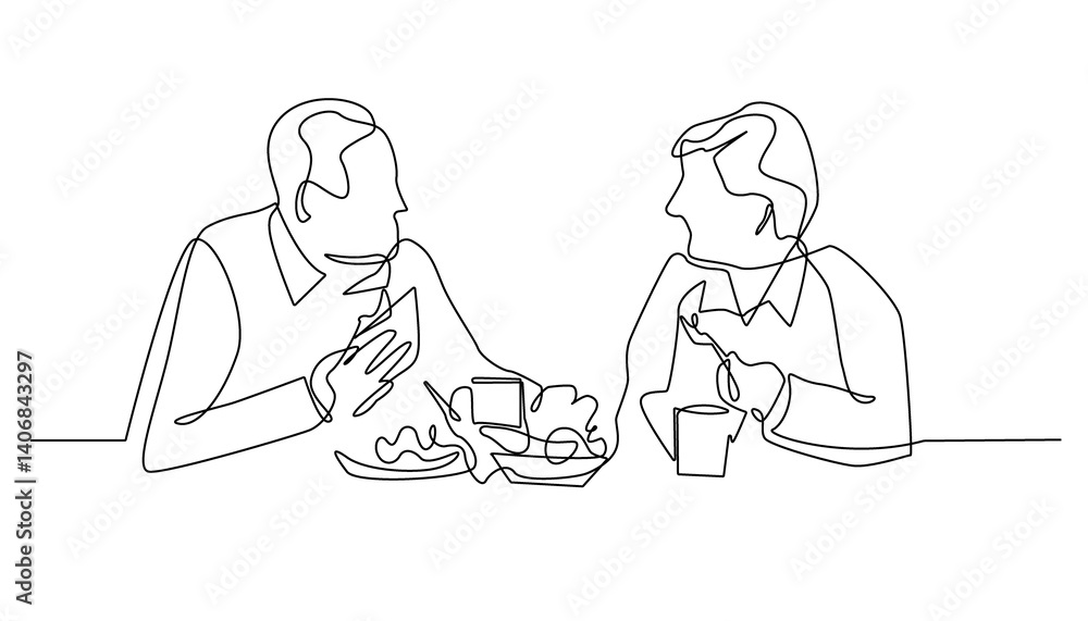 Continuous Line Drawing of Business Lunch on White Background Continuous Line Drawing of Business Lunch on White Background