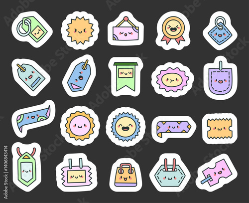 Charming discount tag label and badge character set with various adorable emotions like smiling, sleeping, laughing, and resting in cute kawaii cartoon style for design use