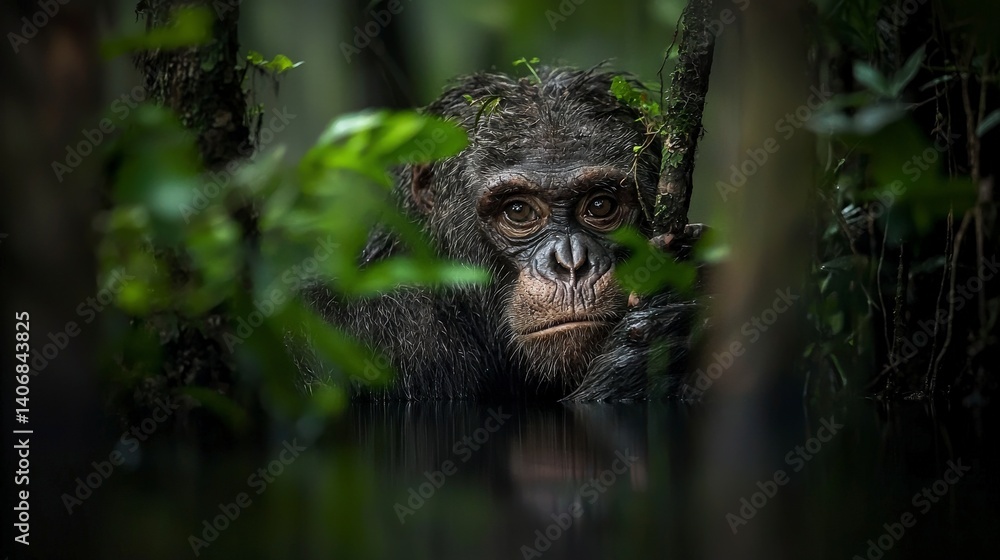 Obraz premium Mysterious chimpanzee observing from dense jungle nature photography tropical environment close-up perspective