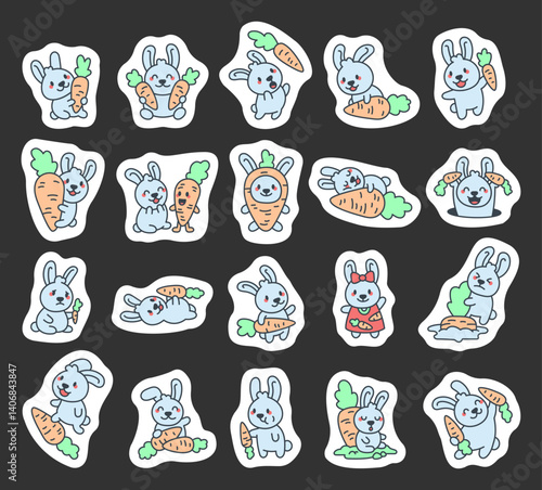 Cute cartoon bunny character set showing various emotions and poses with carrots, including sitting, sleeping, hugging, eating, smiling, and wearing a dress for yours designs projects