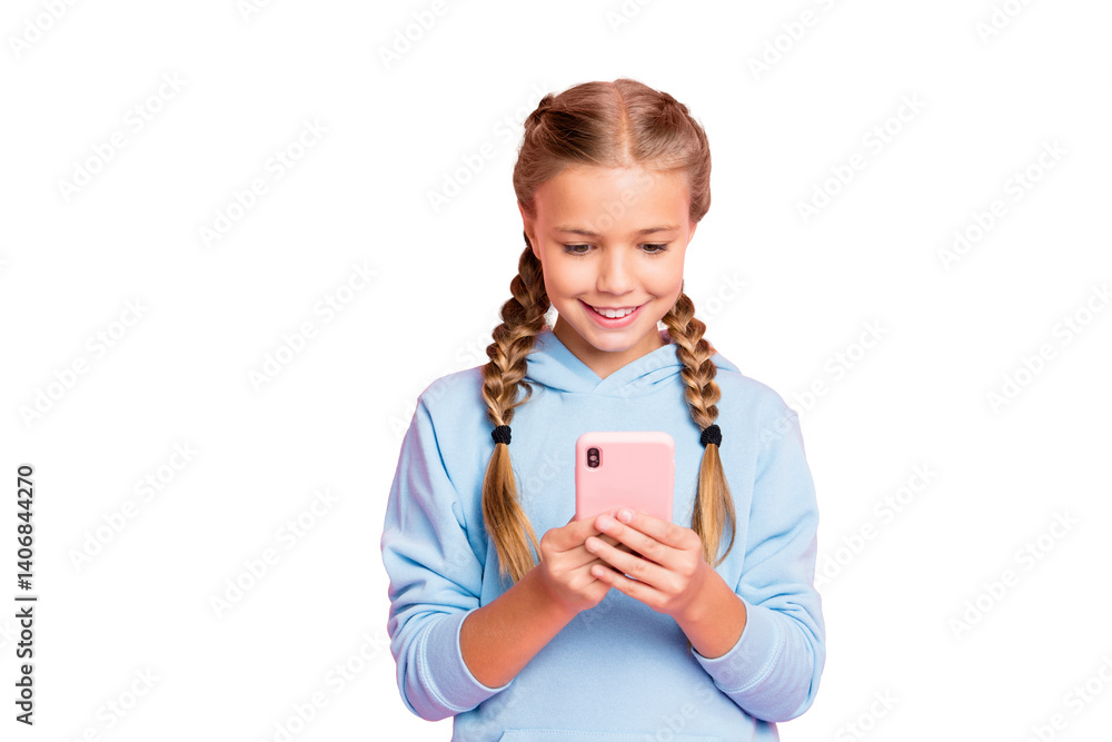 Photo of pretty little lady holding telephone hands reading positive comments for new post wear casual blue hoodie pullover isolated pastel pink color background
