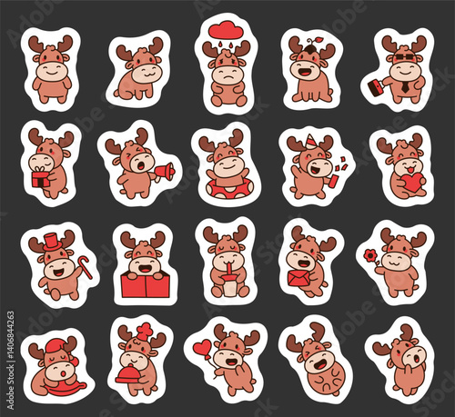 Funny moose character set with adorable horns and emotional expressions sitting, standing, holding objects, celebrating holidays, and doing cute everyday activities for your projects
