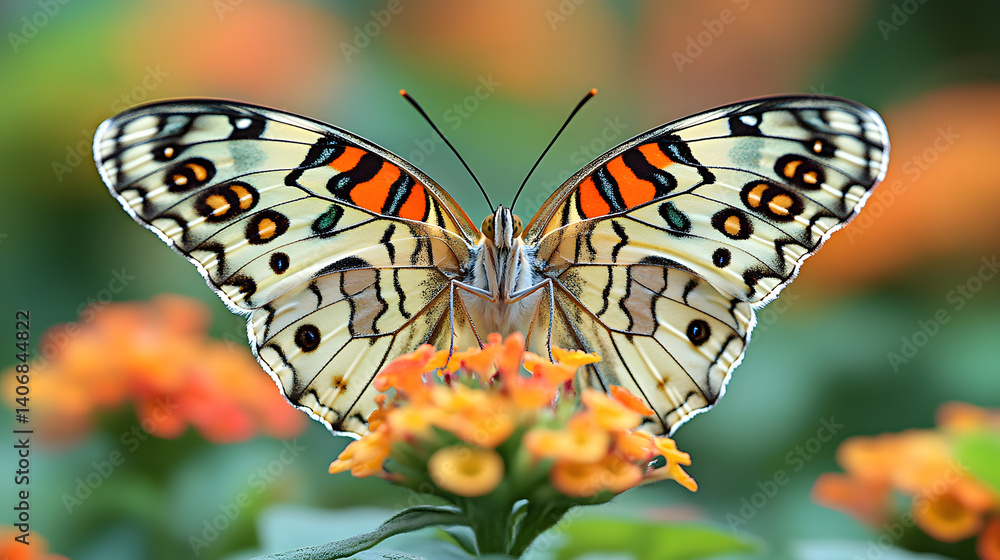 Close-up photography of a butterfly with intricate wing patterns, sitting delicately on a flower, with every scale and vein on its wings captured in stunning detail.
