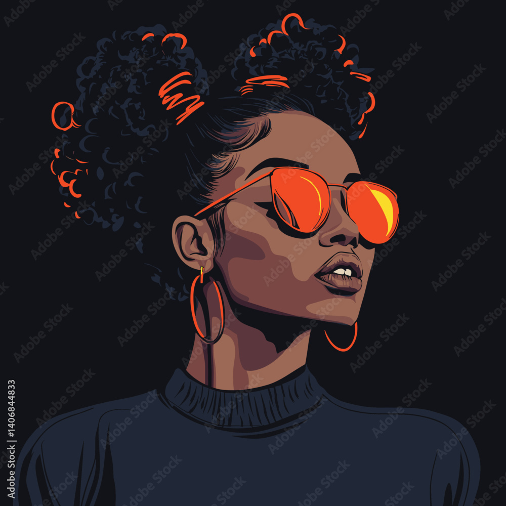 African woman with space buns and curly edges, stylish youthful vibe vector illustration African woman with space buns and curly edges, stylish youthful vibe vector illustration