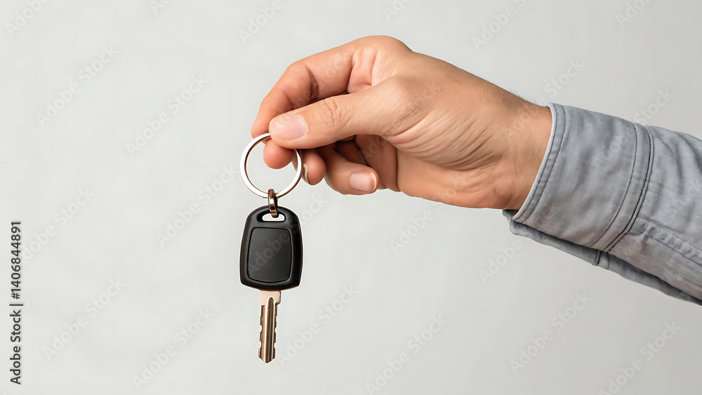 Hand holding car key with key ring against a neutral background showcasing automobile ownership and transportation. Hand holding car key with key ring against a neutral background showcasing automobile ownership and transportation.