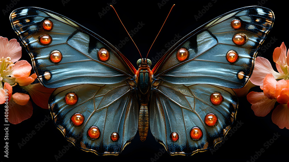 Close-up photography of a butterfly with intricate wing patterns, sitting delicately on a flower, with every scale and vein on its wings captured in stunning detail.