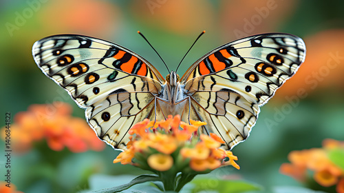 Obraz na płótnie Close-up photography of a butterfly with intricate wing patterns, sitting delicately on a flower, with every scale and vein on its wings captured in stunning detail. w salonie