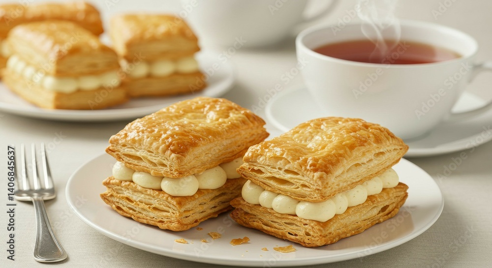 Puff Pastry Cream Cakes with Hot Tea Puff Pastry Cream Cakes with Hot Tea
