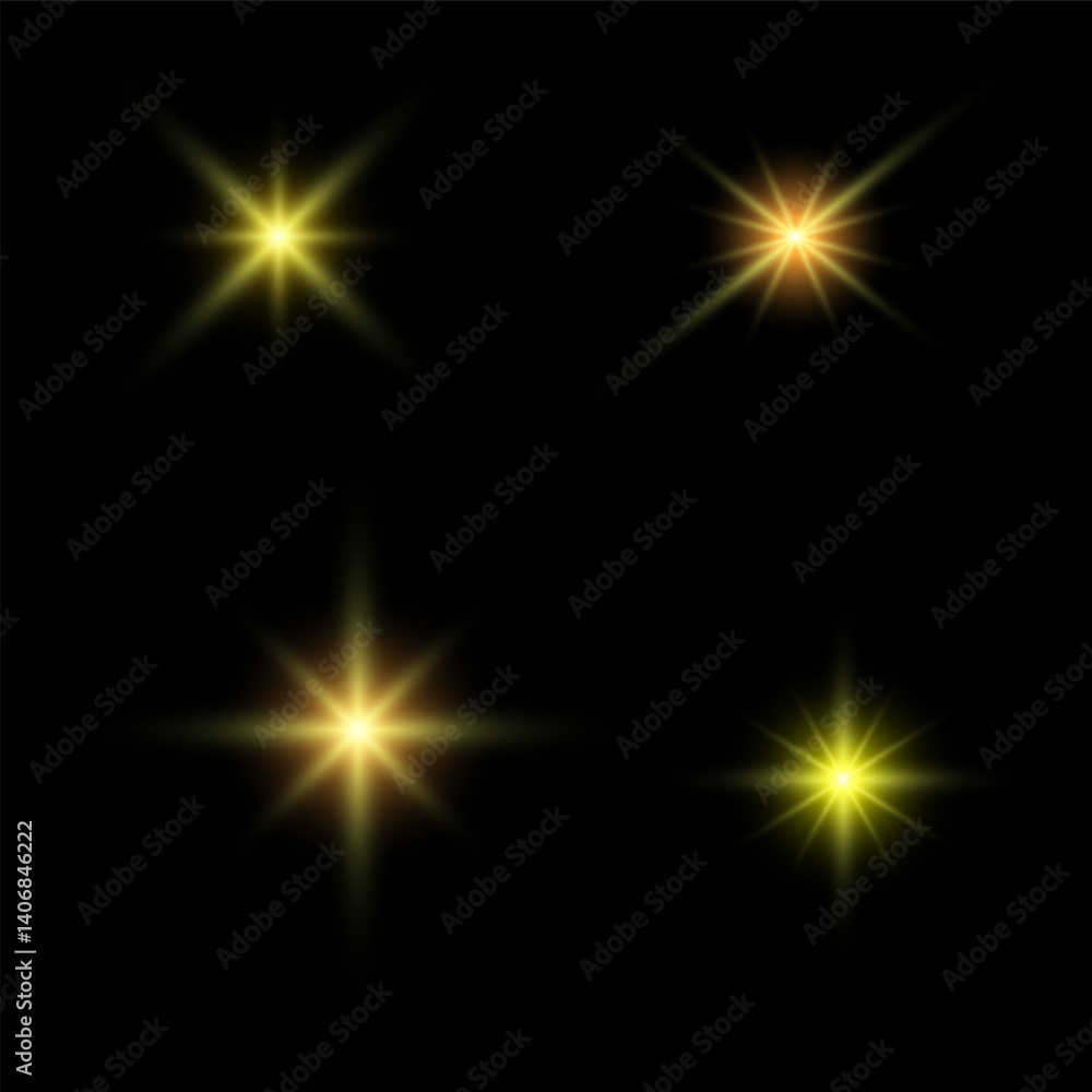 Illustration of yellow sparkling stars on a black background. For cosmic, magical, or festive designs, posters, invitations, or digital art. Sparkling stars, flickering and flashing lights effect.