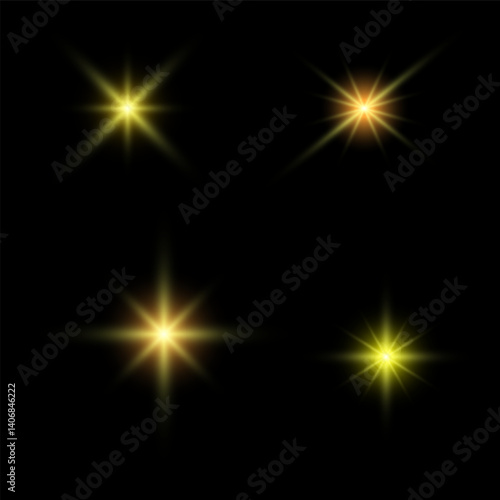 Obraz na płótnie Illustration of yellow sparkling stars on a black background. For cosmic, magical, or festive designs, posters, invitations, or digital art. Sparkling stars, flickering and flashing lights effect. w salonie
