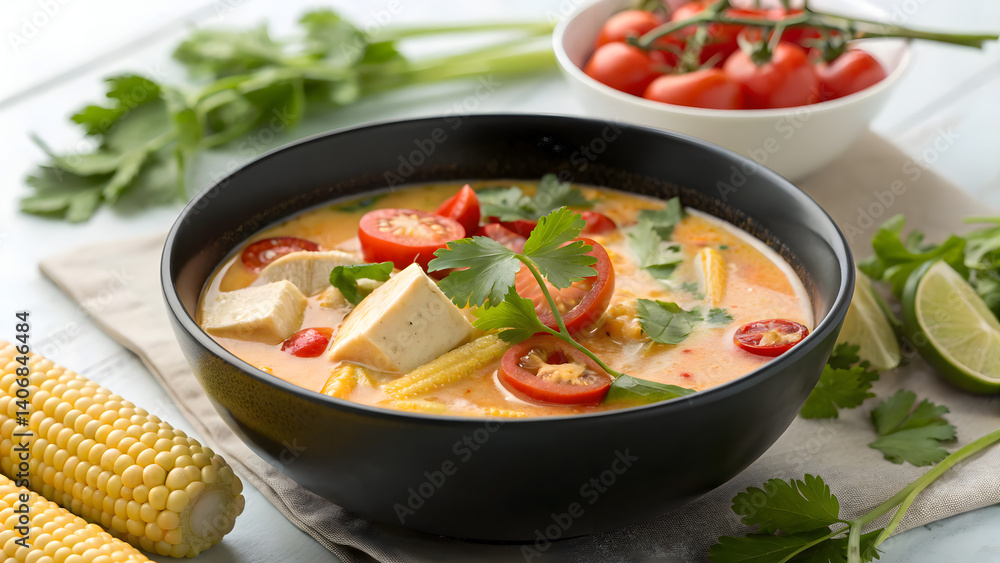 Gourmet Tom Kha Soup with salmon chunks and green herbs 