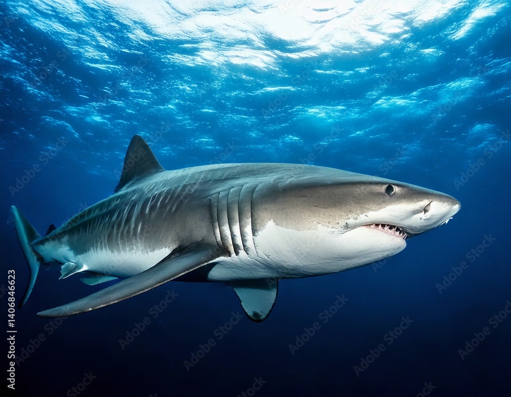 Naklejka premium A great white shark patrols the deep sea