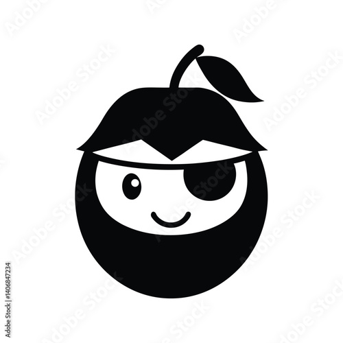 : a black and white coconut pirate mascot with eyepatch on white