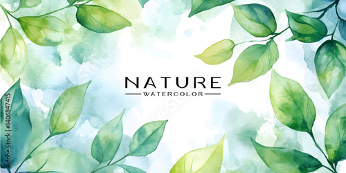 Watercolor Nature Design with Lush LeavesWatercolor illustration of delicate leaves and branches. watercolor painting of lush green leaves, branches, and pastel colors