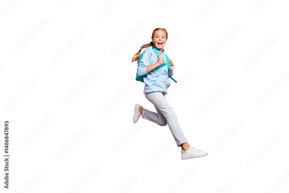 Full body profile photo of pretty little lady jumping high walking 1 september to school wear pupil backpack casual sweater clothes isolated pink color background Full body profile photo of pretty little lady jumping high walking 1 september to school wear pupil backpack casual sweater clothes isolated pink color background