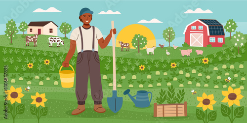 Sustainable and regenerative gardening concept. Nature spring farming and gardening background. Farmer with bucket and shovel, garden, farm and livestock. Vector flat banner.