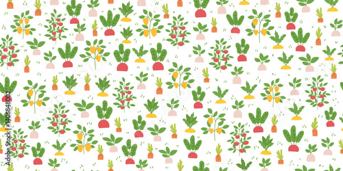 Gardening and farming concept seamless pattern. Nature background of vegetables on white background. Regenerative farming. Vector flat banner.