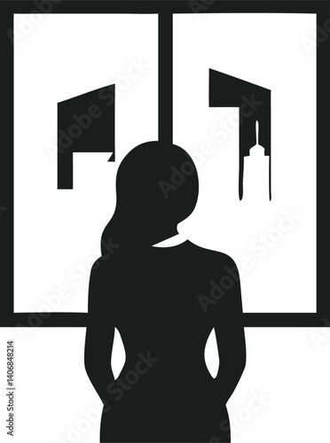 Woman with Vision Looking at Skyline Silhouette Vector Illustration, vision, woman, silhouette, skyline, professional