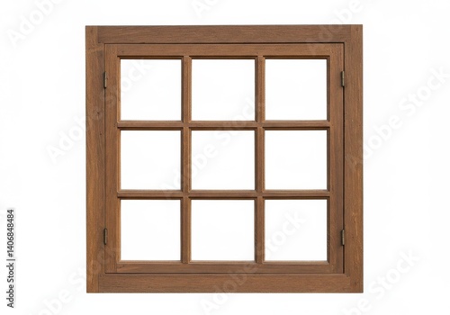 A wooden window frame with nine panes of glass on a white background in a square format image