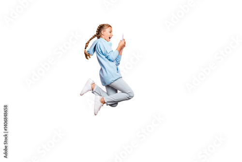 Fotografie Full length body size photo of excited crazy ecstatic schoolchild browsing throu