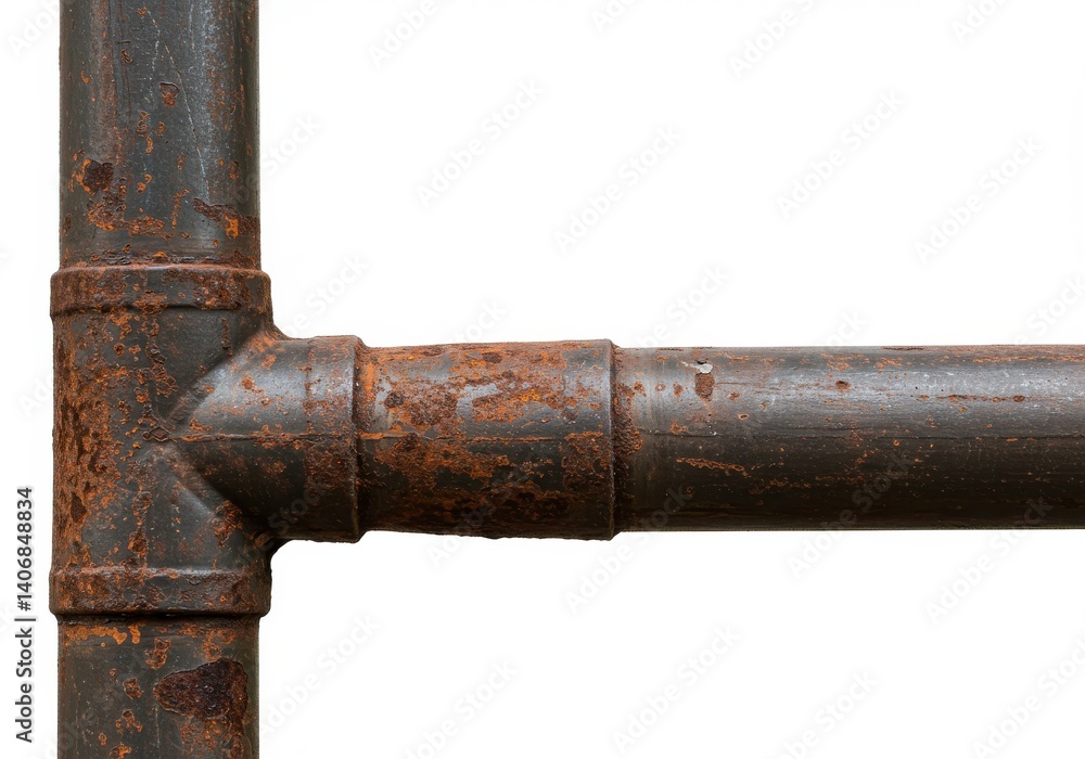 A close up of rusty metal pipes connected in a t shape against a plain white background space A close up of rusty metal pipes connected in a t shape against a plain white background space