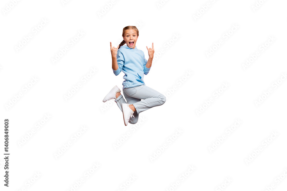 Full length body size side profile photo of overjoyed ecstatic cheerful girl showing you horned fingers rock sign jumping in blue sweatshirt sweater hoodie jeans denim isolated pastel color background Full length body size side profile photo of overjoyed ecstatic cheerful girl showing you horned fingers rock sign jumping in blue sweatshirt sweater hoodie jeans denim isolated pastel color background