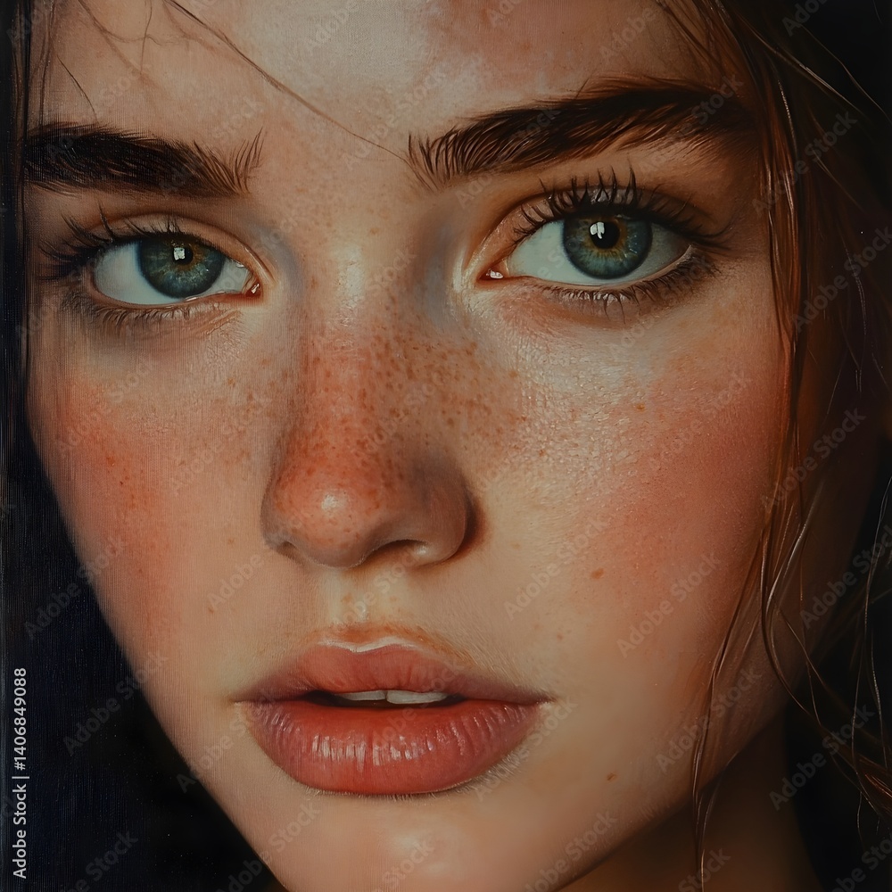 Fototapeta premium Captivating Portrait of a Woman with Striking Green Eyes and Freckles