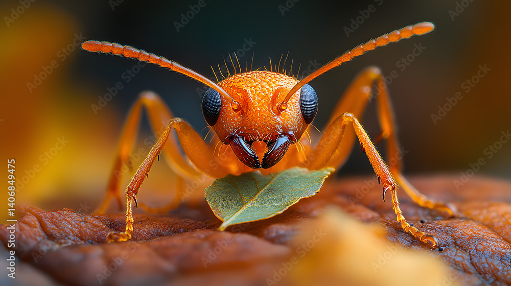 A striking macro photography of an ant carrying a leaf, showcasing its segmented body, powerful jaws, and textured exoskeleton in extraordinary detail.