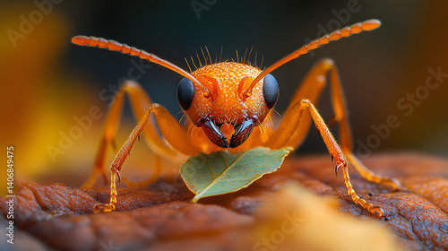 Obraz na płótnie A striking macro photography of an ant carrying a leaf, showcasing its segmented body, powerful jaws, and textured exoskeleton in extraordinary detail. w salonie