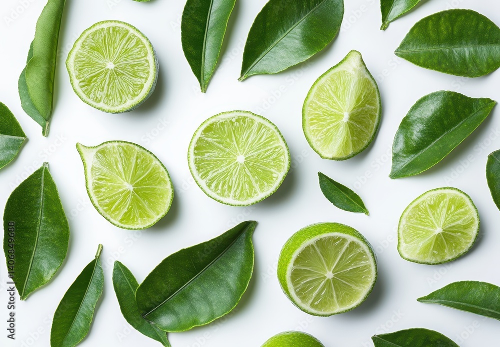 Fresh Limes and Green Leaves Arranged on a White Background for Vibrant Culinary and Refreshing Drink Concepts Fresh Limes and Green Leaves Arranged on a White Background for Vibrant Culinary and Refreshing Drink Concepts