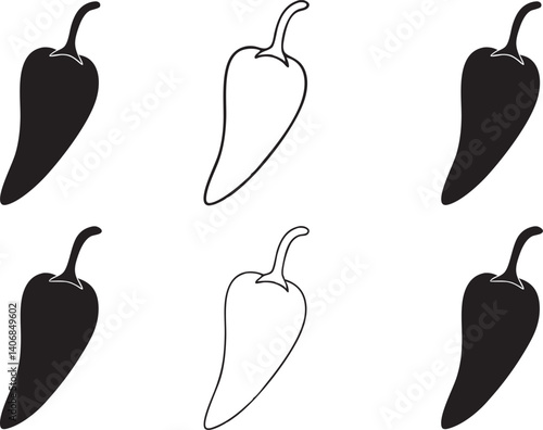 Chili pepper vegetable icon, silhouette vector set for cooking meals. Spicy food elements, organic ingredients, healthy vegan illustration. Chili pepper icon set illustration on white background, perf